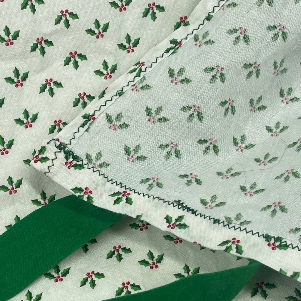 Vintage Handmade Christmas Holly Berry Bib Apron Green Ties Pocket White Cotton